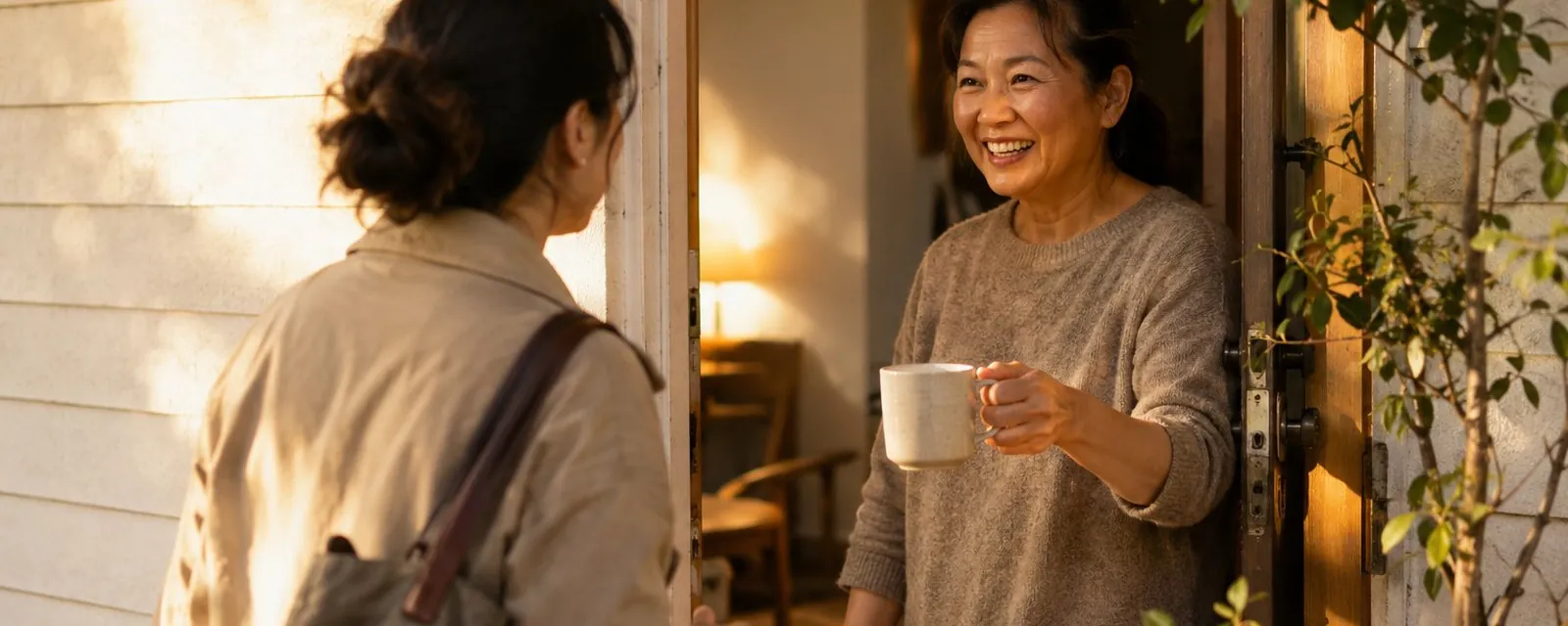 A woman with a warm smile welcoming a visitor at her front door, a cup of coffee in hand, in the golden evening light.