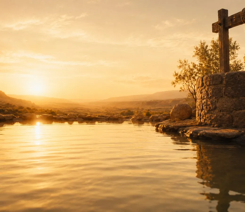 A stone well with a wooden bucket beside calm, still water at golden hour, the sun setting low over distant hills.