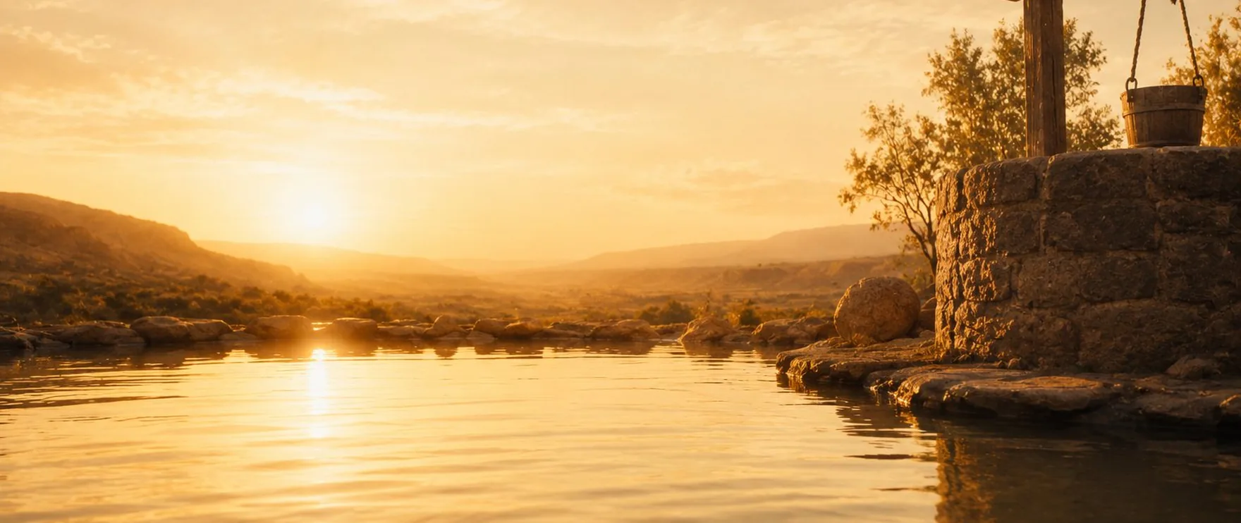 A stone well with a wooden bucket beside calm, still water at golden hour, the sun setting low over distant hills.