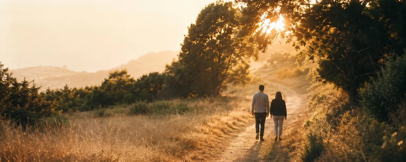 Two people walking together up a winding path into golden-hour light.
